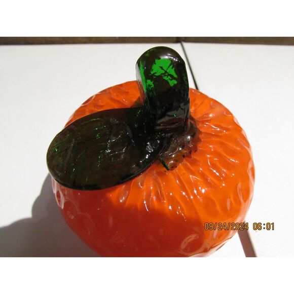 GLASS ART FRUIT FANCO ORANGE GREEN STEM HOME DECOR FRUIT BASKET - Picture 2 of 3